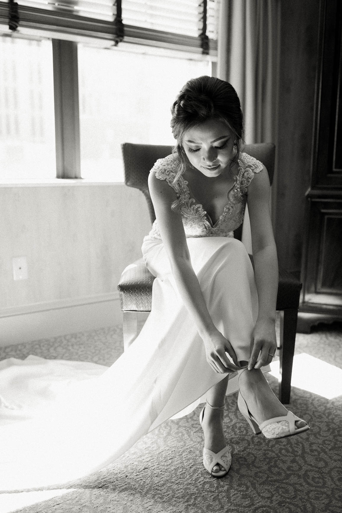 bride getting ready, wedding dress and shoes, dunhill hotel wedding photos, nhieu tang photography, charlotte nc wedding photographer, charlotte wedding photographer