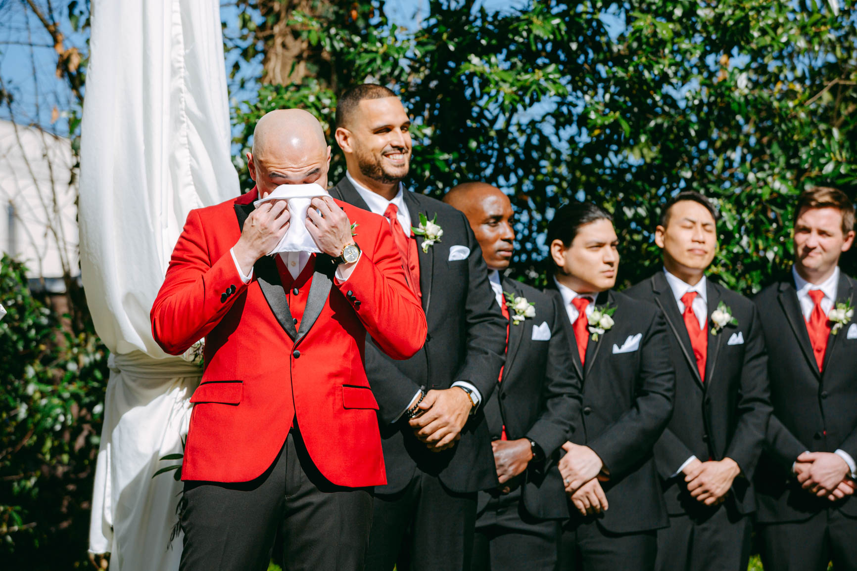 groom emotional reaction seeing bride at Separk Mansion in Gastonia NC shot by Nhieu Tang Photography | nhieutang.com
